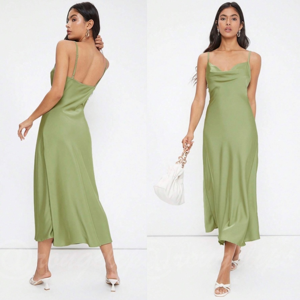 Green Satin Cami Dress Midi Adjustable Spaghetti Straps